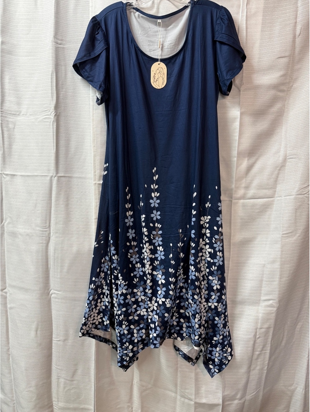 Navy Blue Floral Handkerchief Hem Dress with Short Sleeves